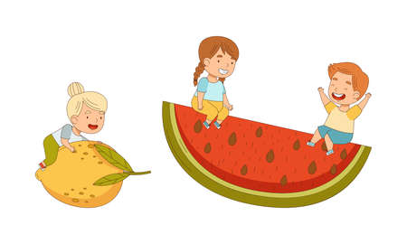 Cute kids with big fruit set. Girls and boy having fun with lemon and watermelon cartoon vector illustrationのイラスト素材