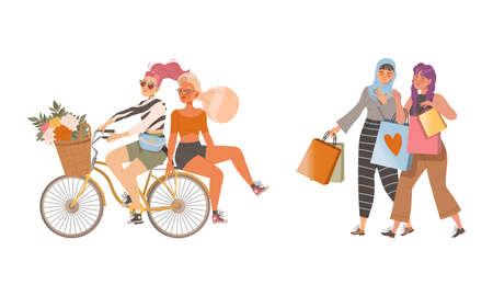 Girlfriends spend time together set. Happy young women riding bike and shopping together cartoon vector illustrationのイラスト素材