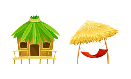 Tropical resort objects set. Beach hut or bungalow and straw umbrella with hammock cartoon vector illustrationのイラスト素材