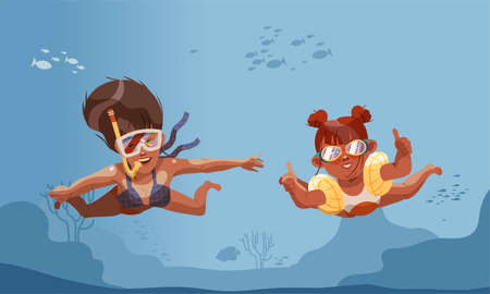 Happy boy and giel scuba divers exploring sea depth and fishes. Underwater swiming vector illustrationのイラスト素材