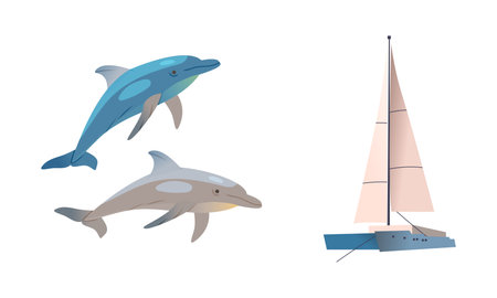 Cute dolphins and yacht. Marine symbols set cartoon vector illustrationのイラスト素材