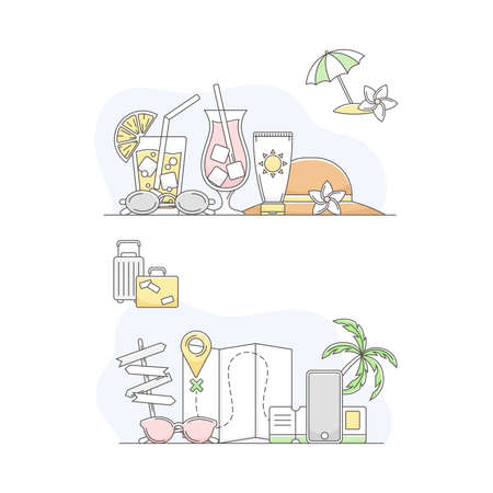 Travel and vacation symbols set. Cocktails, map, hat, sunglasses, tourism and journey objects line vector illustrationのイラスト素材