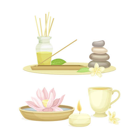 Spa objects set. Aromatic reed diffuser, pebble stones, lotus flower, burning candle. Beauty routine and skin care vector illustrationのイラスト素材