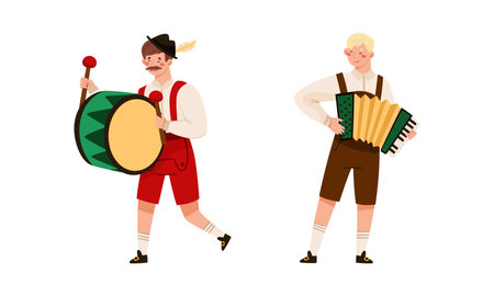 Man in traditional Bavarian clothes with musical instruments. People celebrating Oktoberfest beer festival vector illustrationのイラスト素材