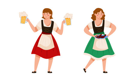 Girl in traditional German clothes with mugs of beer. People celebrating Oktoberfest beer festival vector illustrationのイラスト素材