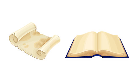 Ancient parchment scroll and opened old book set vector illustrationのイラスト素材