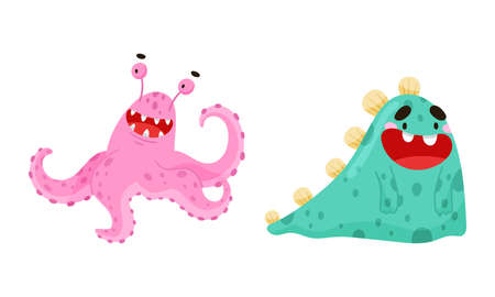Joyful monsters. Funny smiling toothy monster, alien cartoon characters vector illustrationのイラスト素材
