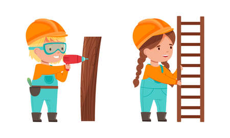 Kids builders set. Cute boy and girl in uniform and hardhats with drill and ladder cartoon vector illustrationのイラスト素材