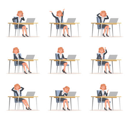 Young Office Woman Sitting at Desk with Laptop Engaged in Workflow Vector Setのイラスト素材
