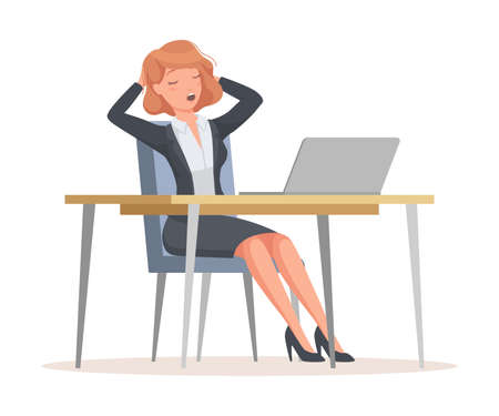 Sleepy Office Woman in Suit at Desk with Laptop Yawning Engaged in Workflow Vector Illustrationのイラスト素材