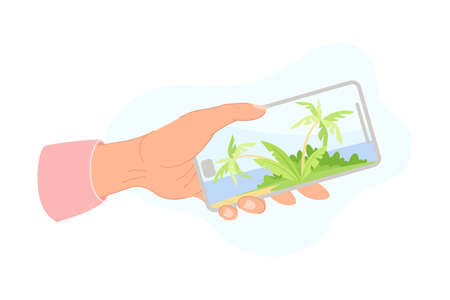 Hand Holding Smartphone Recording Video with Camera Filming Picture of Beach Scene with Palm on Screen Vector Illustrationのイラスト素材