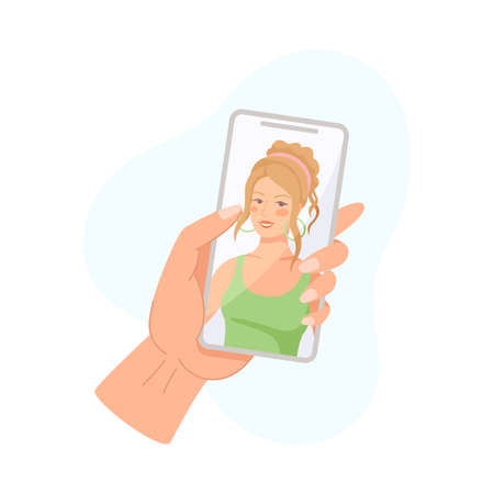 Hand Holding Smartphone Recording Video with Camera Filming Picture of Young Female on Screen Vector Illustrationのイラスト素材