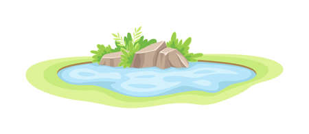 Pond Filled with Natural Water and Green Grassy Bank Vector Illustrationのイラスト素材