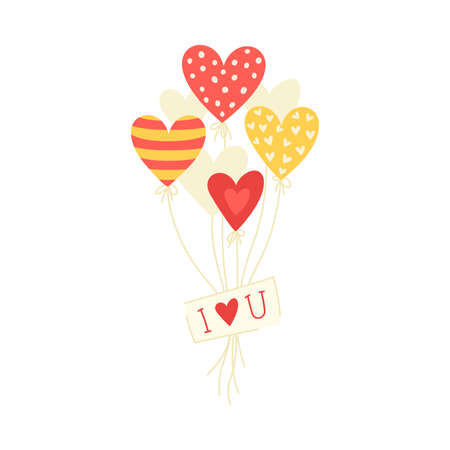 Heart Shaped Balloons Floating in the Air with I Love You Card for Valentines Day Vector Illustrationのイラスト素材
