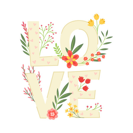 Valentines Day with Love Word and Blooming Flowers Vector Illustrationのイラスト素材