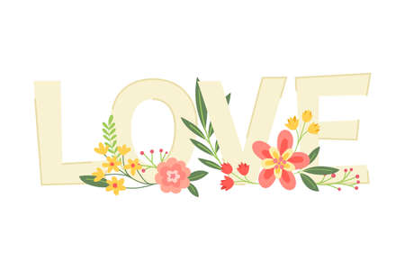 Valentines Day with Love Word and Blooming Flowers Vector Illustrationのイラスト素材