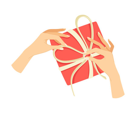 Valentines Day with Human Hands Wrapping Red Gift Box Vector Illustrationのイラスト素材