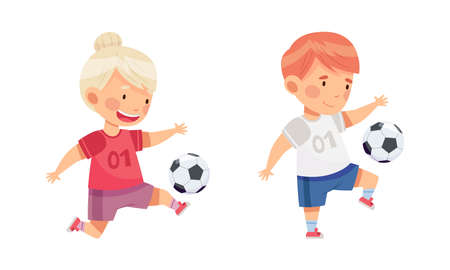 Kids playing soccer. Happy boy and girl kicking the ball cartoon vector illustrationのイラスト素材