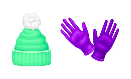 Knitted hat with pompon and gloves. Warm autumn and winter accessories cartoon vector illustrationのイラスト素材