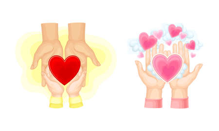 Human hands with red hearts set. People sharing with love cartoon vector illustrationのイラスト素材