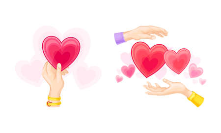 Human hands with hearts set. People sharing with love. Valentine day concept cartoon vector illustrationのイラスト素材