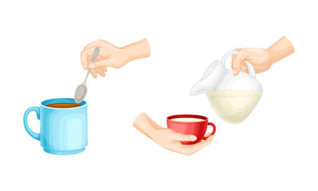 Hands holding drinks set. Hand pouring milk and stirring tea with spoon in cup cartoon vector illustrationのイラスト素材
