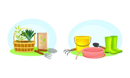 Gardening tools set. Bucket, hose, seeds packaging, rubber boots, hose agricultural equipment vector illustrationのイラスト素材