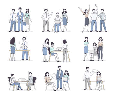 Successful Team with Man and Woman Office Employee Working Together Vector Setのイラスト素材