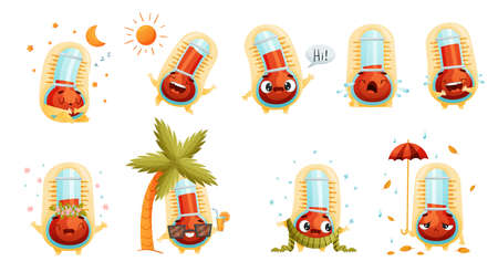Cartoon Thermometer Character with Different Emotion Sleeping, Greeting and Crying Vector Setのイラスト素材