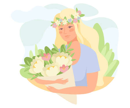 Blond Woman with Floral Wreath on Head Holding Flower Bouquet Vector Illustrationのイラスト素材