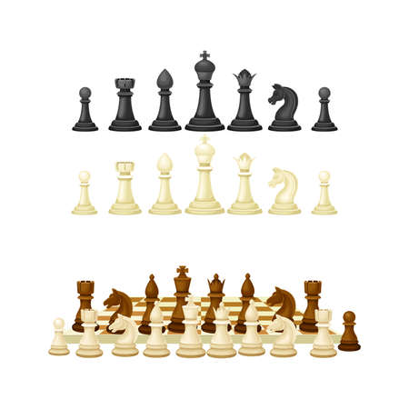 Black and white chess pieces on chessboard set. People playing intellectual strategic board game vector illustrationのイラスト素材