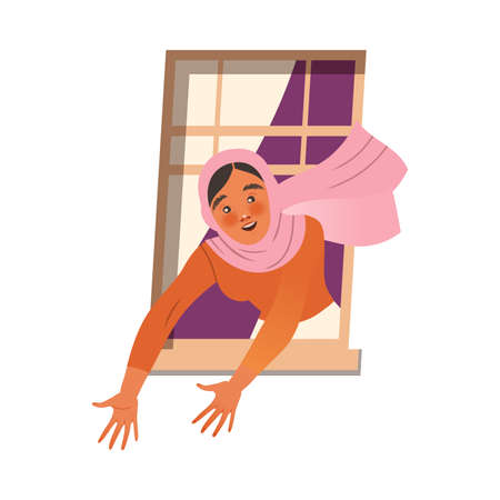 Woman in Open Window Talking to Neighbor Outstretching Her Arms Vector Illustrationのイラスト素材