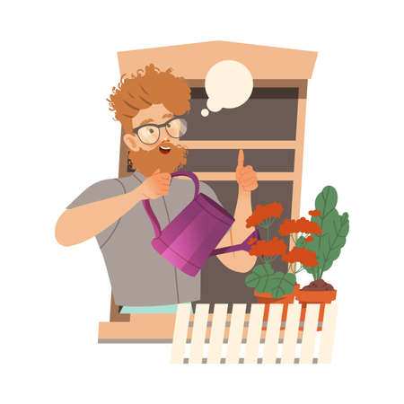 Bearded Man in Open Window Watering Flowers and Showing Thumb Up Vector Illustrationのイラスト素材