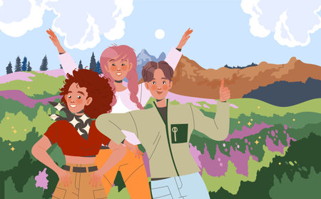 Group of Happy Man and Woman on Landscape Background Smiling and Cheering Vector Illustration