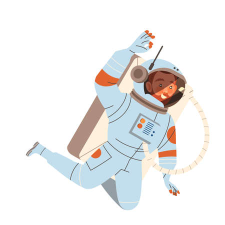 Man Astronaut Character in Outer Space in Spacesuit Flying in the Air Showing Ok Gesture Vector Illustrationのイラスト素材