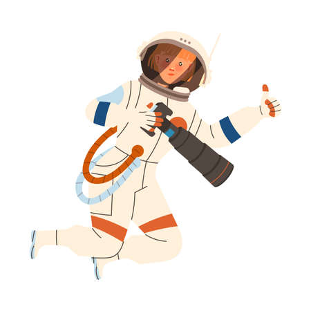 Woman Astronaut Character in Outer Space in Spacesuit with Telescope Flying in the Air Showing Thumb Up Vector Illustrationのイラスト素材