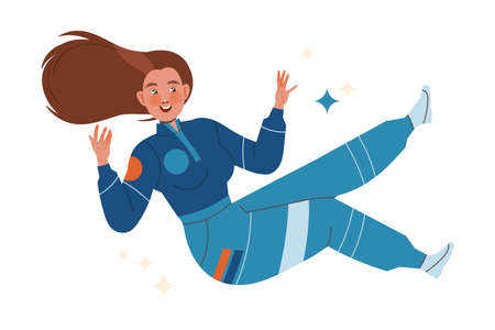 Happy Woman Astronaut Character in Space Flying in the Air Vector Illustrationのイラスト素材
