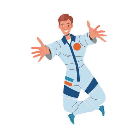 Man Astronaut Character in Space Flying in the Air with Outstretched Arms Vector Illustrationのイラスト素材