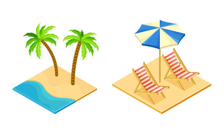 Summer vacation beach objects set. Umbrella, palm trees and deck chairs isometric vector illustrationのイラスト素材