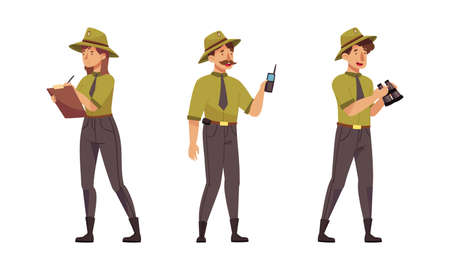 Forest rangers in khaki uniform working protecting and preserving nature vector illustrationのイラスト素材