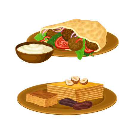 Falafel and Sweet Pastry Dessert on Plate as Egyptian Dish Vector Illustration Setのイラスト素材
