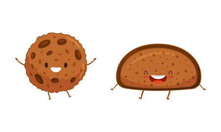 Cute Baked Pastry and Kawaii Bun with Legs and Arms Standing and Smiling Vector Setのイラスト素材