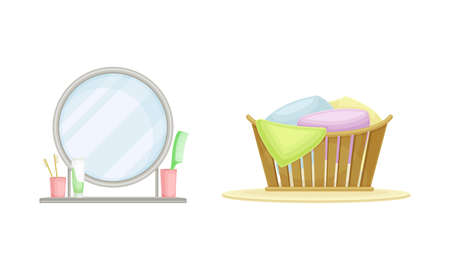Round Mirror with Shelf and Basket with Dirty Laundry as Bathroom Accessory Vector Illustration Setのイラスト素材