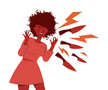 Red Woman Aggressor Shouting Out Loud Abusing and Insulting Weak Vector Illustrationのイラスト素材
