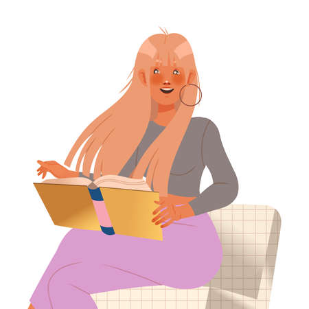 Bookcrossing with Happy Blond Woman Character Sitting on Chair and Reading Borrowed Paper Book Vector Illustrationのイラスト素材