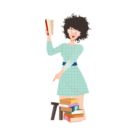 Bookcrossing with Happy Woman Character in Glasses Reading Borrowed Paper Book Vector Illustrationのイラスト素材