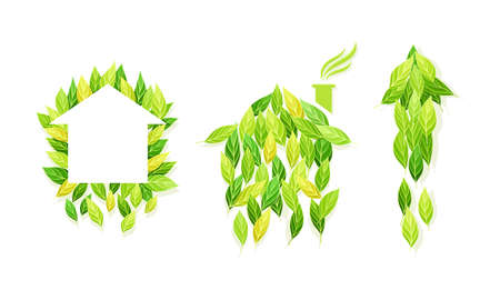 Shaped Green Leaf Arrangement in Home and Arrow Vector Setのイラスト素材