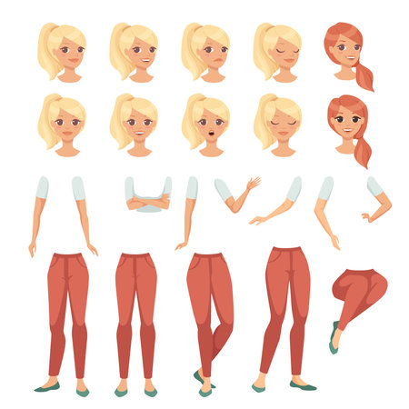 Young Blond Woman Character Constructor with Separated Body Parts and Face with Different Emotion Vector Setのイラスト素材