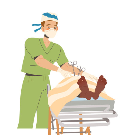 Young Man Doctor in Mask with Scissors Standing Above Patient at Surgery Table as Medical Staff Working in Clinic Vector Illustrationのイラスト素材