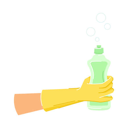 Hand in Yellow Glove Holding Detergent Bottle Doing Cleaning Vector Illustrationのイラスト素材